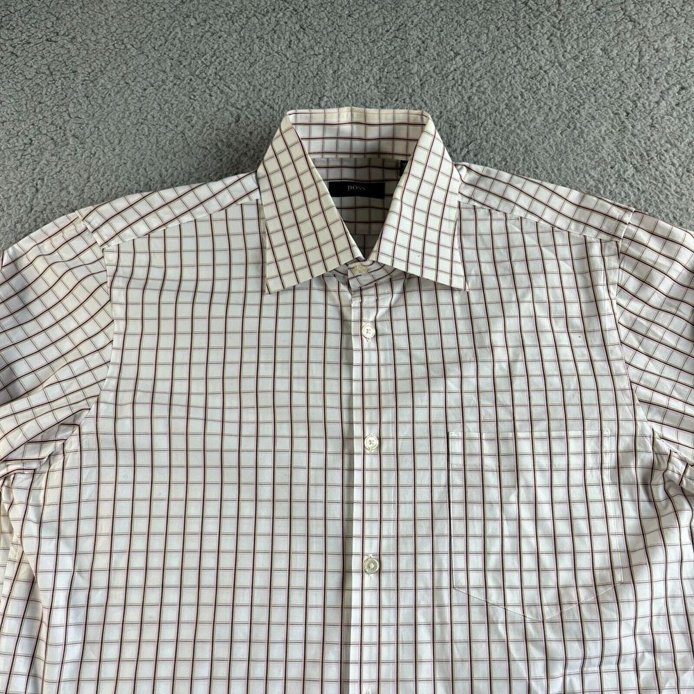 Hugo Boss Shirt Mens 16.5 36/37 White Pink Check Button Up Dress Work Preppy‎